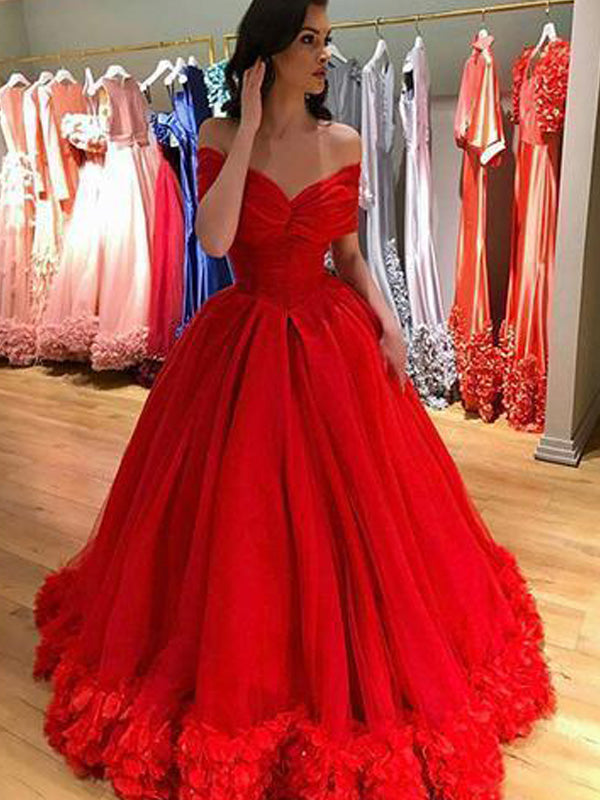 Off the Shouler Red Beaded Long Formal Dress from dreamdressy | Red prom  dress, Sparkle prom dress, Poofy prom dresses