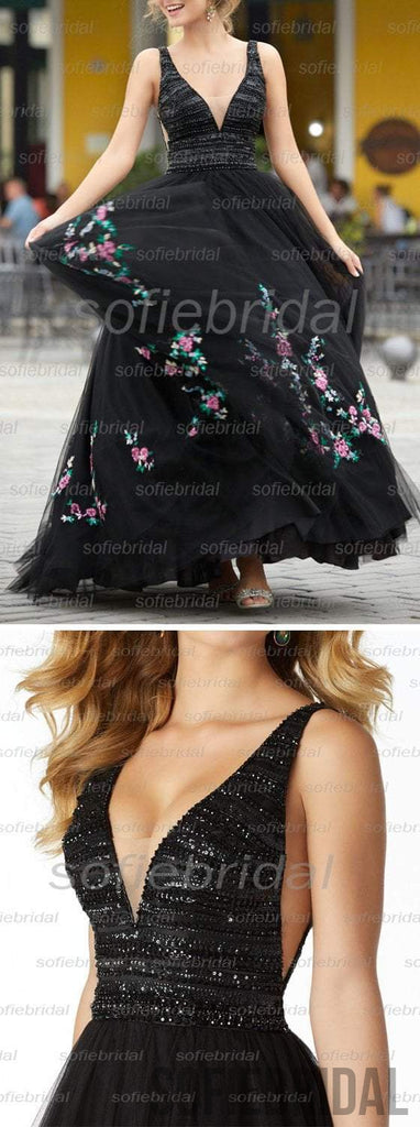 New Arrival Black V-neck Beaded Top A-line Tulle Embroidery Long Prom Dresses, PD0347