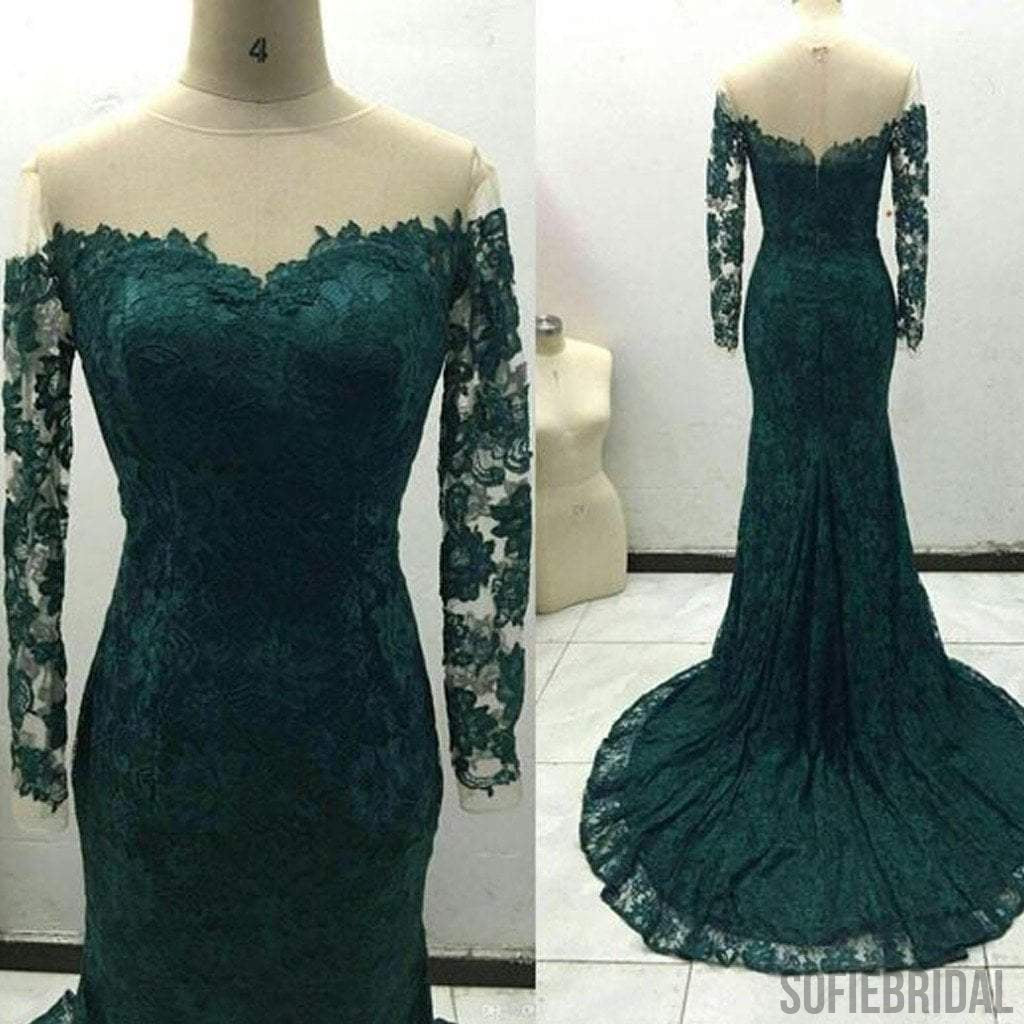 Off Shoulder Green Lace Long Sleeve See Through Long Sheath Prom Dresses, PD0269
