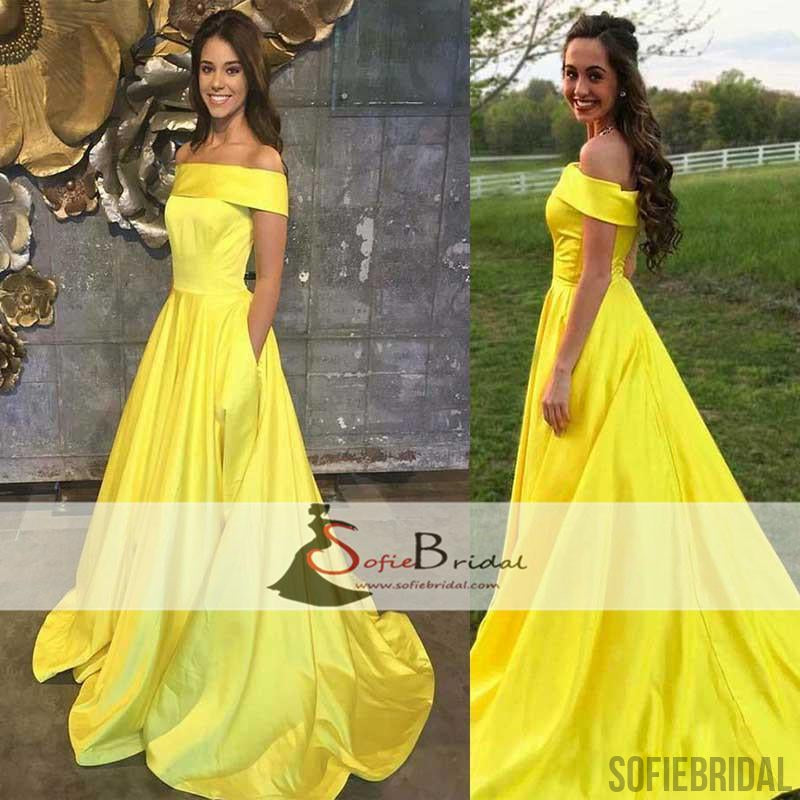 Off Shoulder Yellow Satin A-line Prom Dresses, Lovely Long Prom Dress, Prom Dresses, PD0467