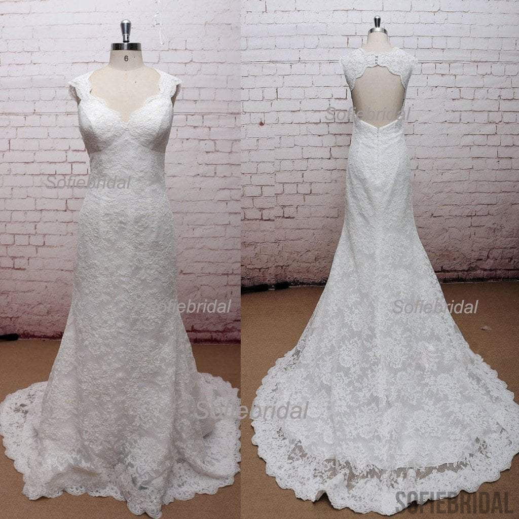 Elegant Lace Sleeveless Long Sheath Open Back Real Made Wedding Dresses, WD0211