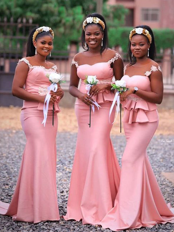 One Shoulder Lace Top Satin Pink Mermaid Bridesmaid Dresses, PD0309