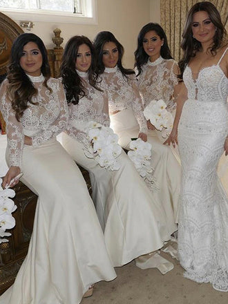 Sexy Mermaid Halter Long Sleeve White Cheap Bridesmaid Dresses,SFWG00356