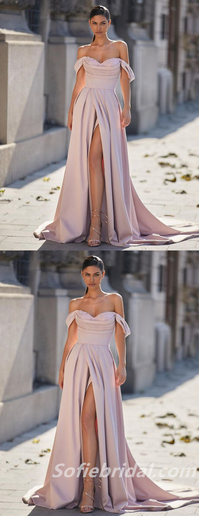 Elegant Satin Sweetheart Off Shoulder A-Line Long Prom Dresses With Split,SFPD0300