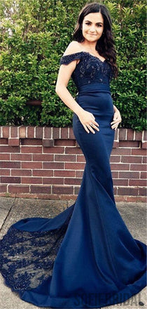 Mermaid Off-shoulder Lace Appliques Prom Dresses With Train, PD0092