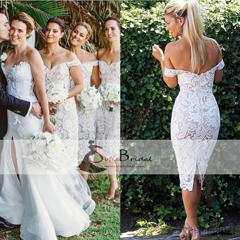 Off Shoulder Lace Bridesmaid Dresses, Tea Length Bridesmaid Dresses, Cheap Bridesmaid Dresses, PD0483