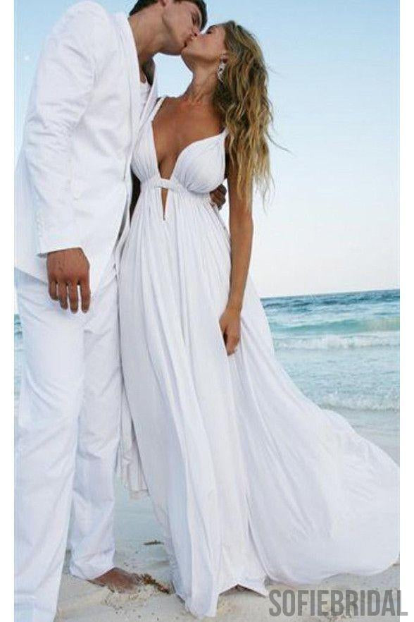 Unique Sexy Simple Casual Cheap White Beach Wedding Dresses, WD309