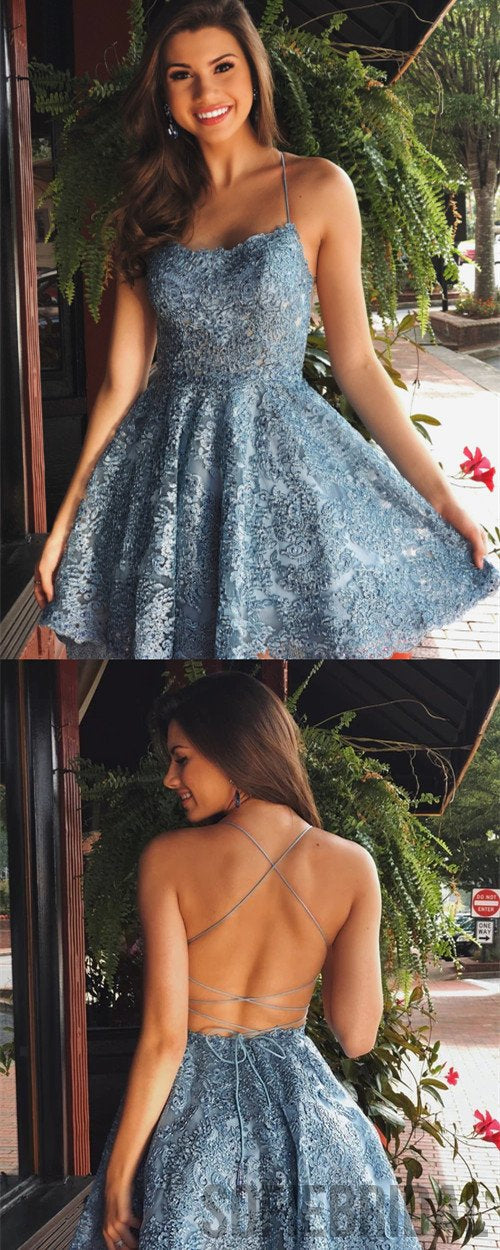 Sky Blue Spaghetti Straps A-line Lace Backless Short Homecoming Dresses,  MH516