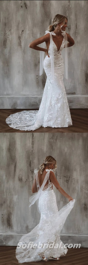 Gorgeous White Lace Spaghetti Straps Deep V-Neck Open Back Mermaid Long Wedding Dresses,SFWD0066