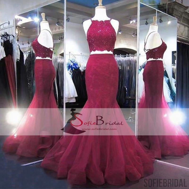 2 Pieces Lace Beaded Prom Dresses, Mermaid Tulle Prom Dresses, Popular Prom Dresses, PD0411