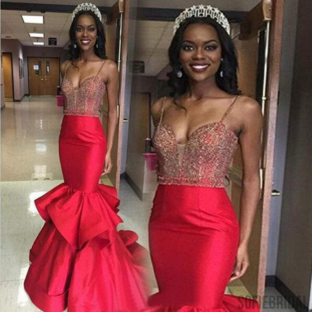Red Sequin with Feather Hemline Mermaid Prom Dress - VQ