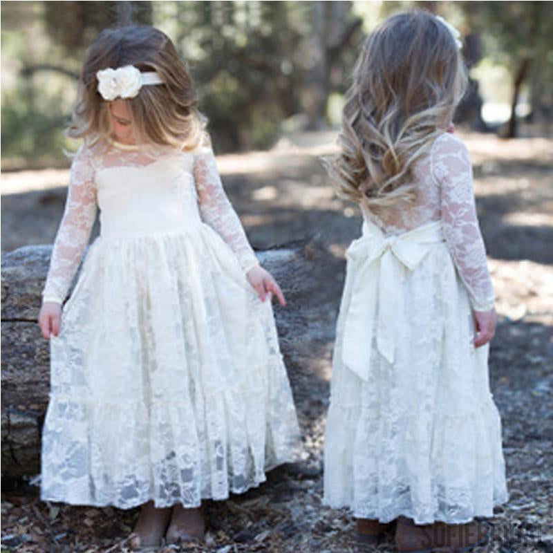 Long Sleeve See Through Cute Ivory Lace Flower Girl Dresses, Junior Bridesmaid Dresses, FG047