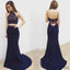 2 pieces Navy Jersey Mermaid Rhinestone Beaded Popular Long Prom Dresses, PD0350
