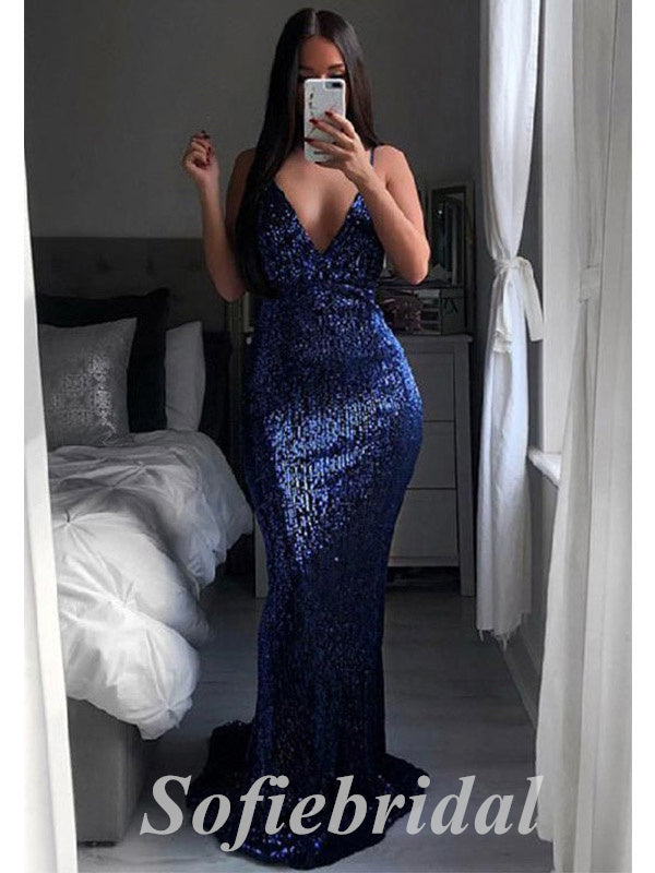Sexy Sequin Spaghetti Straps V-Neck Backless Mermaid Long Prom Dresses,PD0758
