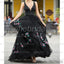 New Arrival Black V-neck Beaded Top A-line Tulle Embroidery Long Prom Dresses, PD0347