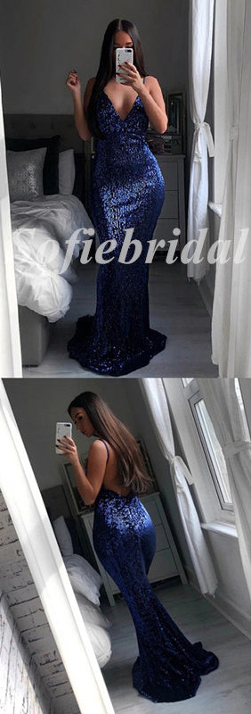Sexy Sequin Spaghetti Straps V-Neck Backless Mermaid Long Prom Dresses,PD0758