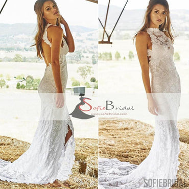 High Neck Lace Mermaid Wedding Dresses, Front Slit Open Back Wedding Dresses, WD0268