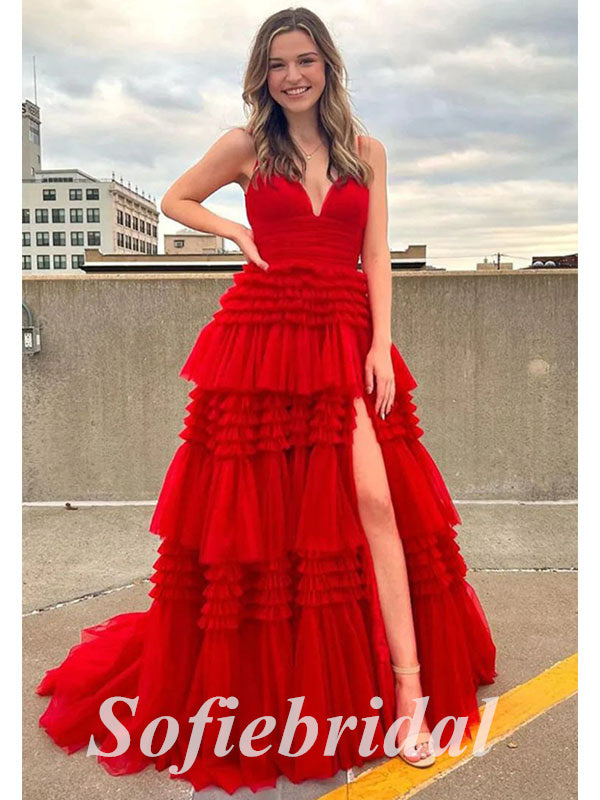 Sexy Red Tulle Spaghetti Straps V-Neck Side Slit A-Line Long Prom Dresses, PD0845