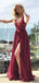 A-line Deep V-neck Lace Appliques  Prom Dresses With Split, PD0094