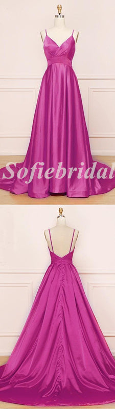 Sexy Soft Satin Spaghetti Straps V-Neck Sleeveless Backless A-Line Long Prom Dresses,PD0769