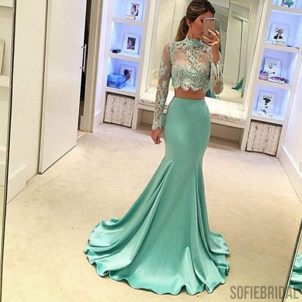 Pretty Two Pieces High Neck Long Sleeve Lace Prom Dress, Sexy Mermaid Prom Dress,PD0210