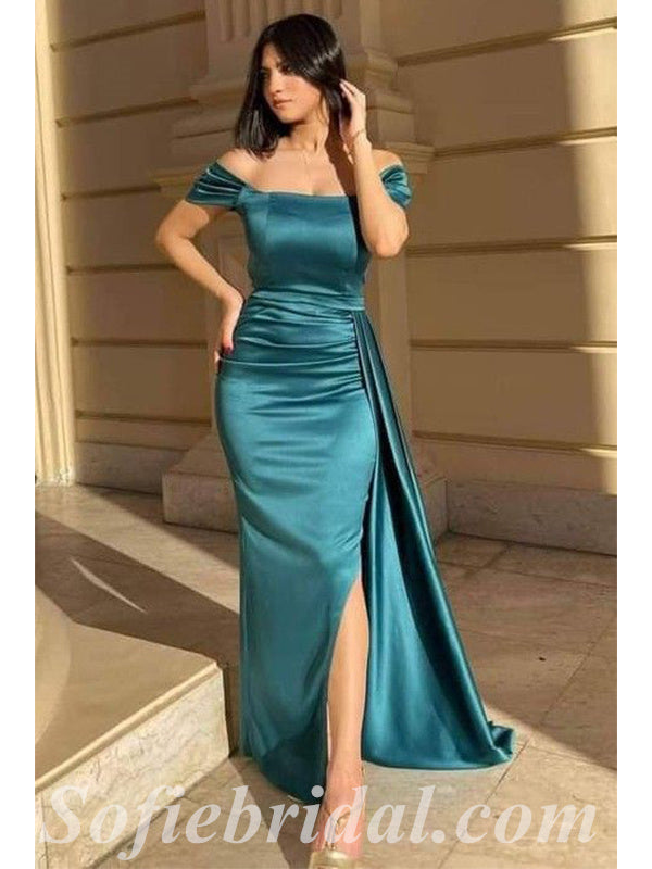 Elegant Satin Off Shoulder Square Sleeveless Side Slit Mermaid Long Prom Dresses With Trailing,SFPD0496
