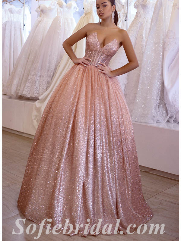 Sexy Shiny Pink Sequin Tulle Sweetheart V-Neck Sleeveless A-Line Long Prom Dresses,SFPD0548