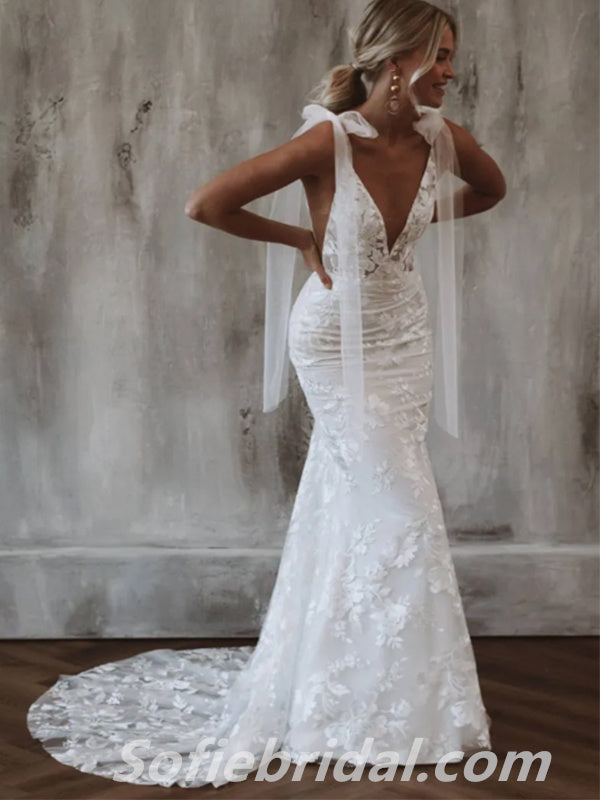 Gorgeous White Lace Spaghetti Straps Deep V-Neck Open Back Mermaid Long Wedding Dresses,SFWD0066