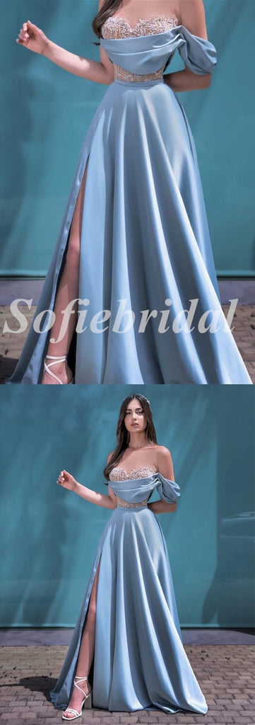 Elegant Satin Off Shoulder V-Neck Sleeveless Side Slit A-Line Long Prom Dresses,SFPD0580