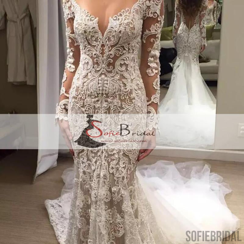 Sheath Half Sleeves Full Lace Backless Wedding Dresses With Split, WD0313