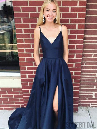 Newest Dark Blue Backless Prom Dresses With Split, PD0990