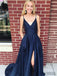 Newest Dark Blue Backless Prom Dresses With Split, PD0990