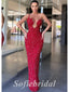 Sexy Red Sequin Sweetheart V-Neck Sleeveless Sheath Long Prom Dresses,SFPD0635