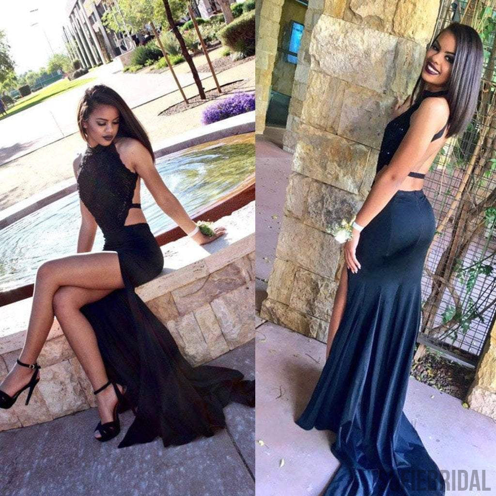 Black Lace Top Halter Sexy Side Slit Long Prom Dresses, PD0238