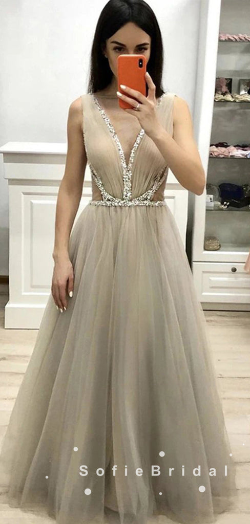 A-Line Deep V-Neck Sleeveless Tulle Long Prom Dresses With Beading,SFPD0002