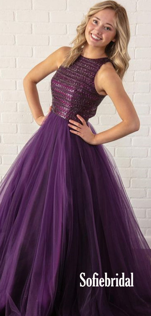 A-Line Scoop Neck Tulle Long Prom Dresses,SFPD0092