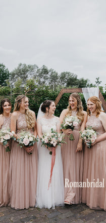 Sexy Halter Floor-length Sequin Tulle Cheap Bridesmaid Dresses,SFWG00357