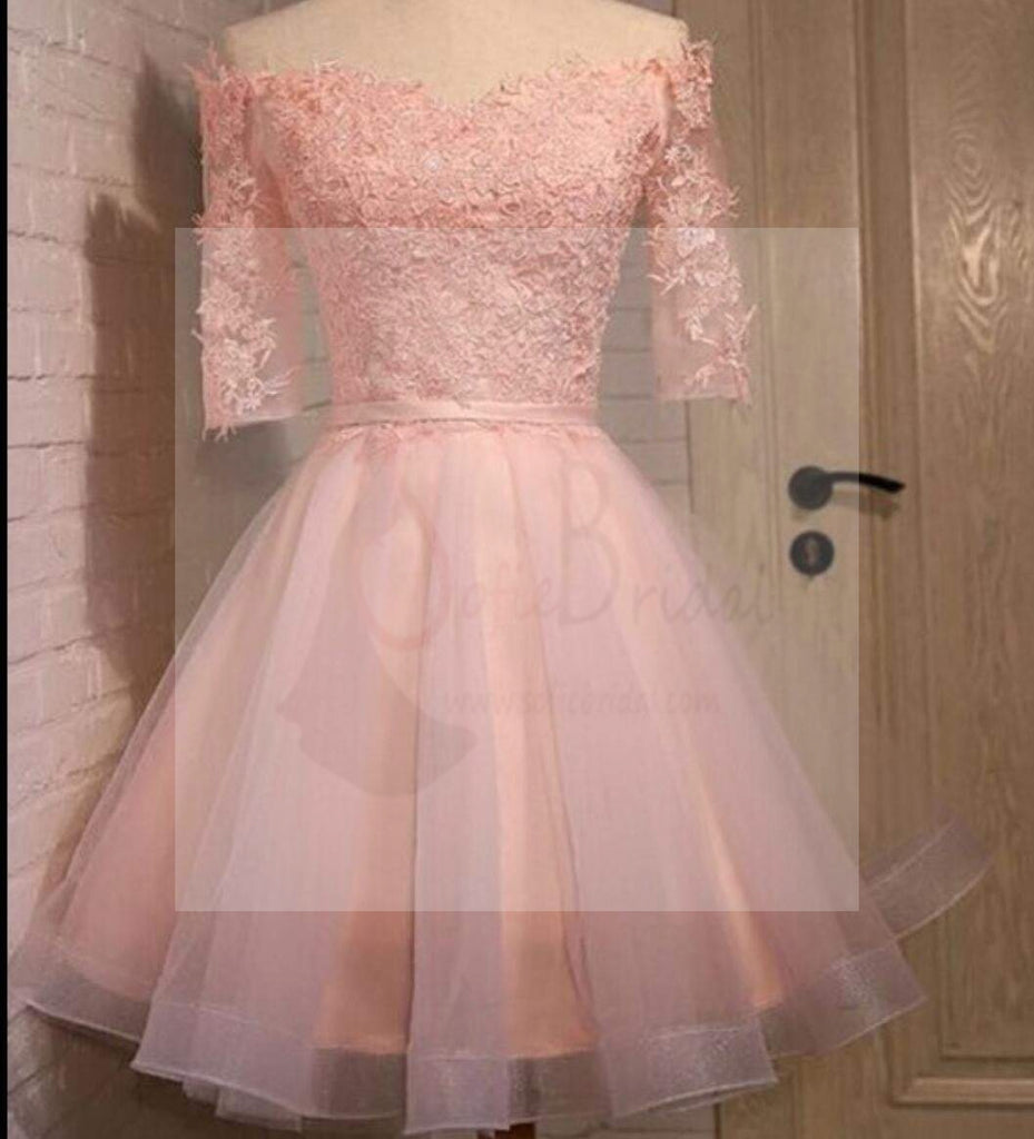 Simple Long Sleeve Lace Pink Short Homecoming Dresses, CM0006