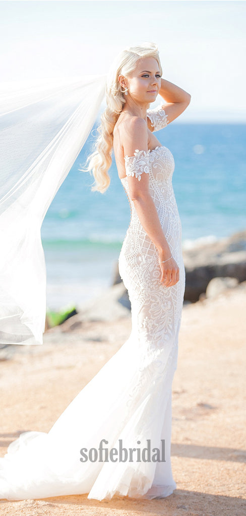 Cheap Mermaid Off Shoulder Lace Long Wedding Dresses Online,SFWD0022
