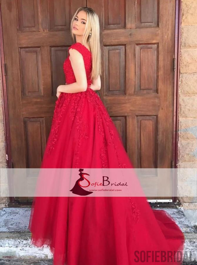 V-neck Red Lace Beaded Prom Dresses, A-line Elegant Prom Dresses, Prom Dresses, PD0397