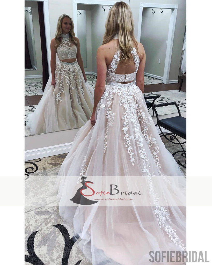 2 Pieces Lace Tulle Prom Dresses, Lovely Open Back Halter Prom Dresses ...