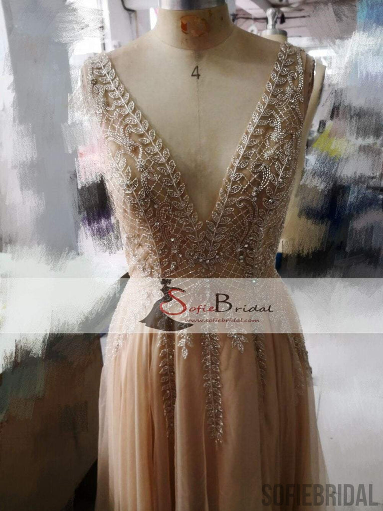 V-neck Rhinestone Beaded Long Side Slit Prom Dresses, New Arrival Prom Dress, Prom Dresses, PD0432