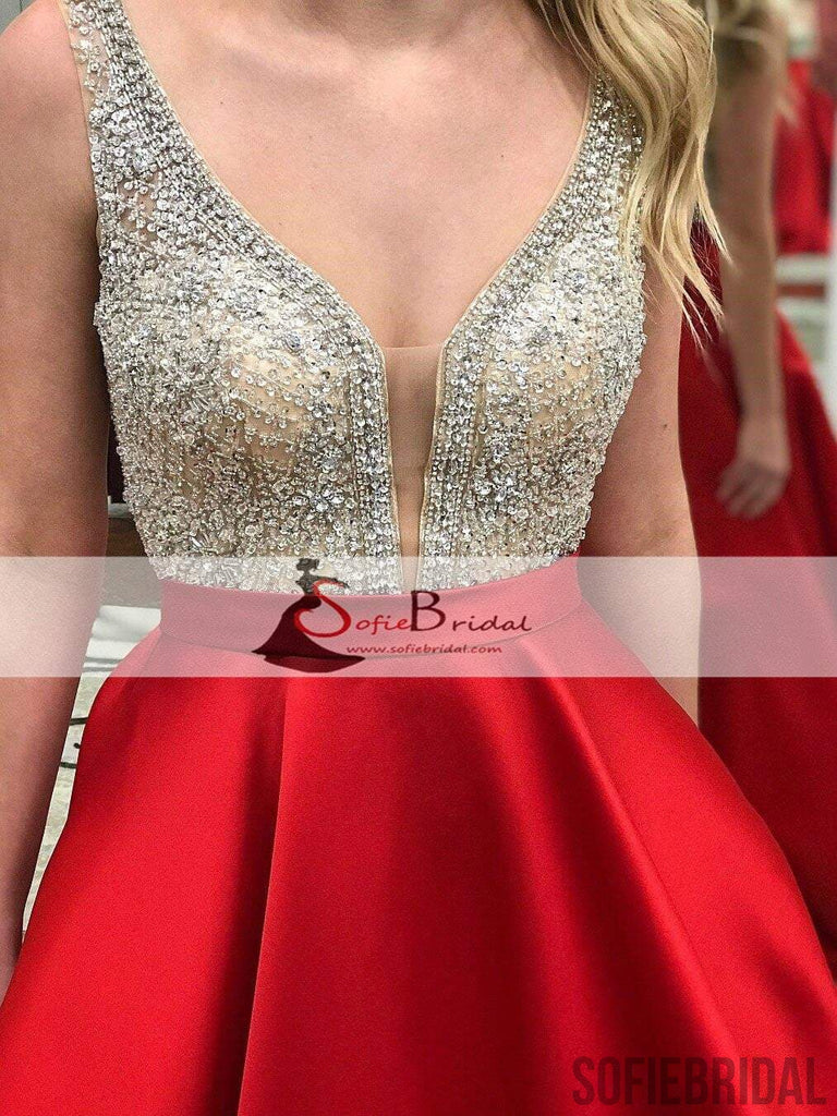 V-neck Rhinestone Beaded Top Prom Dresses, Red Satin Prom Dresses, Evening Dresses, PD0426