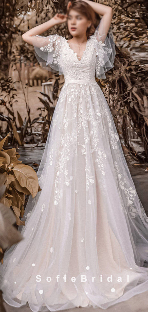 A-Line V-Neck Short Sleeves Tulle Long Wedding Dresses With Lace,SFWD0 SofieBridal A-Line V-Neck Short Sleeves Tulle Long Wedding Dresses With Lace,SFWD0 SofieBridal