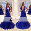 Royal Blue Lace Prom Dresses, Deep V-neck A-line Prom Dresses, Beaded Prom Dresses, PD0447