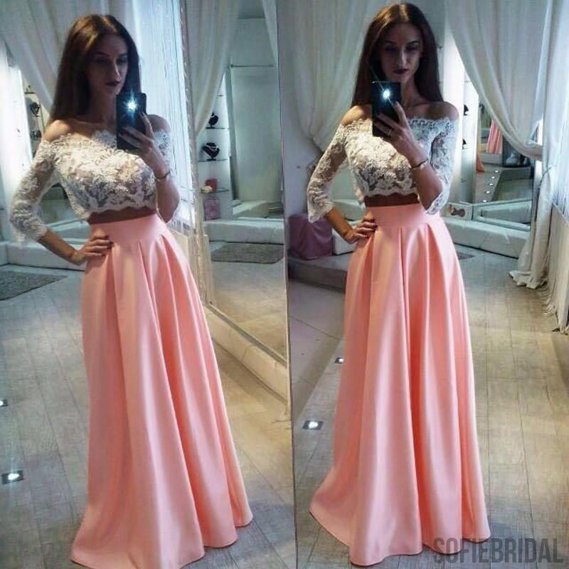Two Pieces White Lace Top Long Sleeve Pink Satin Long A-line Prom Dresses, PD0275
