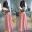Two Pieces White Lace Top Long Sleeve Pink Satin Long A-line Prom Dresses, PD0275