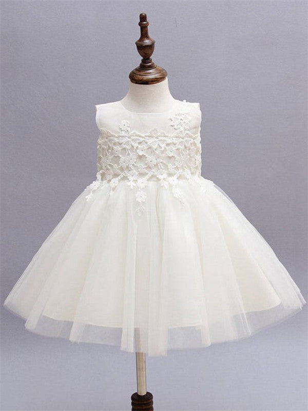 A-line Round Neck Sleeveless Lace Appliques Flower Girl Dresses, FG0110