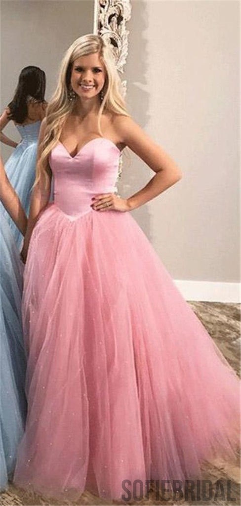A-line Sweetheart Pink Tulle Zipper Back Prom Dresses, PD0042