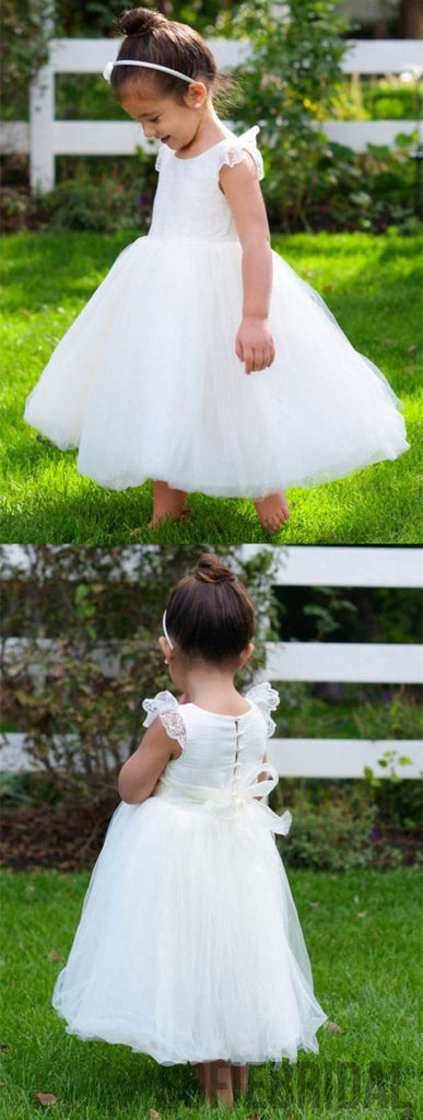 A-line Round Neck Lace Cap Sleeves Tulle Flower Girl Dresses , FG0106